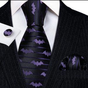Purple and Black Halloween Bat Italian Silk Necktie Set Halloween Wedding Men's